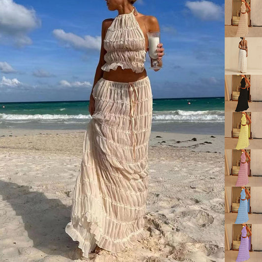 2pcs Women's Dress Suit Sleeveless Backless Cropped Halter Top And Pleated Long Skirt Beach Clothing